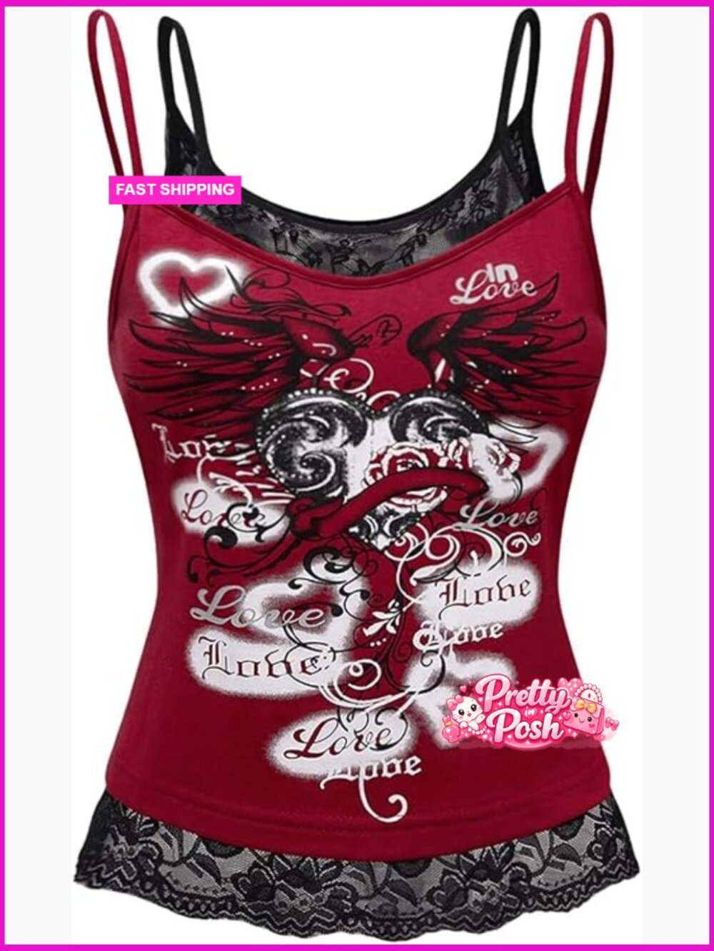 Y2k Gothic Graphic Cami Top Lace Trim Spaghetti Strap Crop Top